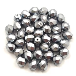   Czech Firepolished Round Glass Bead - higher metallic silver - 4mm