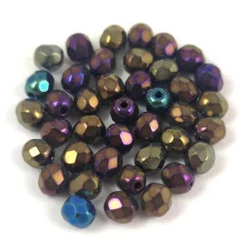   Czech Firepolished Round Glass Bead - Metallic Purple Green Iris - 4mm