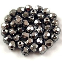 Czech Firepolished Round Glass Bead - Jet Chrome - 4mm