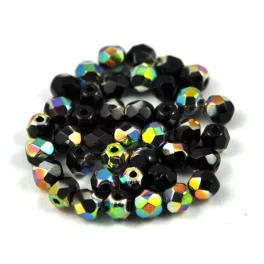 Czech Firepolished Round Glass Bead - jet-vitrail - 4mm