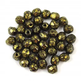 Czech Firepolished Round Glass Bead - Jet Gold Patina - 4mm