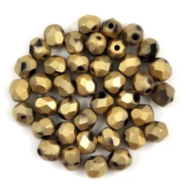   Czech Firepolished Round Glass Bead - Jet Matt Full Amber - 4mm