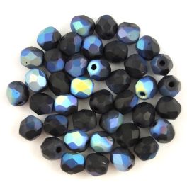 Czech Firepolished Round Glass Bead - jet mattee ab - 4 mm