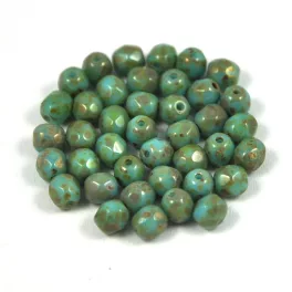   Czech Firepolished Round Glass Bead - Blue Turquoise Travertine - 4mm