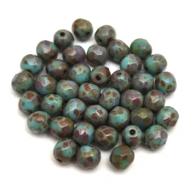   Czech Firepolished Round Glass Bead - Opaque Turquoise Blue Travertine - 4mm