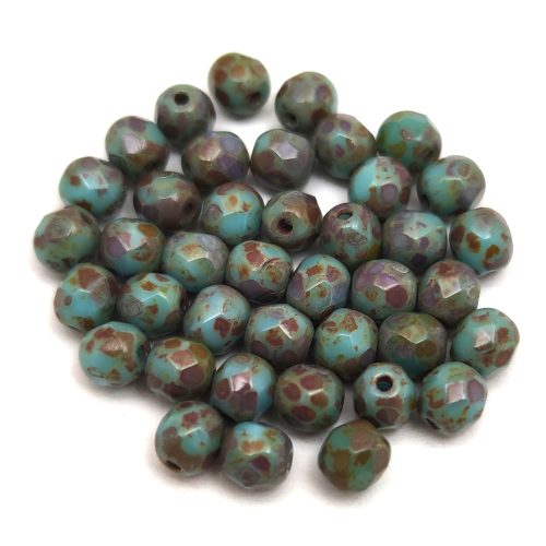 Czech Firepolished Round Glass Bead - Opaque Turquoise Blue Travertine - 4mm