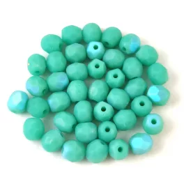   Czech Firepolished Round Glass Bead - Matt Turquoise Green AB - 4mm