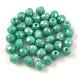   Czech Firepolished Round Glass Beads - Turquoise Green Silver Travertine - 4mm
