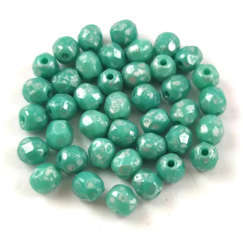 Czech Firepolished Round Glass Beads - Turquoise Green Silver Travertine - 4mm