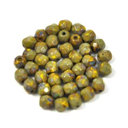  Czech Firepolished Round Glass Bead - opaque yellow-green picasso - 4mm