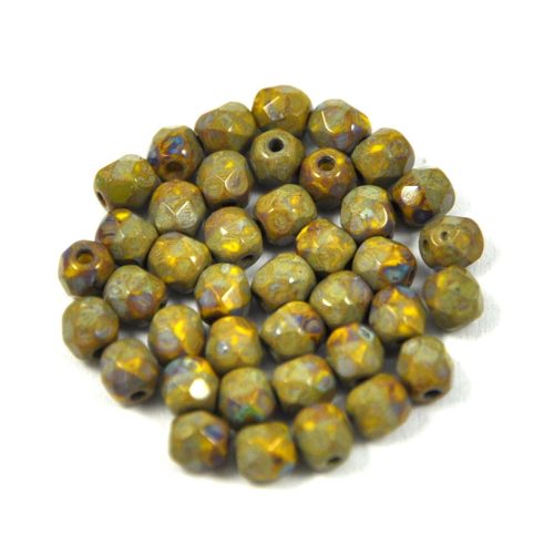 Czech Firepolished Round Glass Bead - opaque yellow-green picasso - 4mm