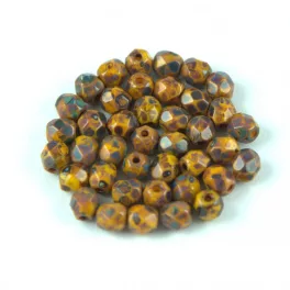   Czech Firepolished Round Glass Bead - Opaque Sunflower Travertin  - 4mm