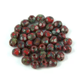   Czech Firepolished Round Glass Bead - picasso opaque dark red - 4mm