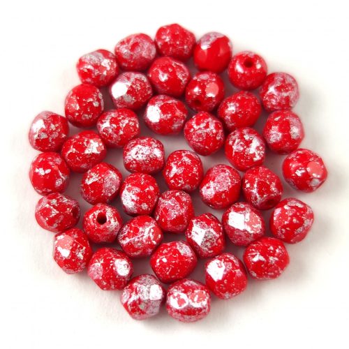 Czech Firepolished Round Glass Bead - Opaque Red Silver Patina - 4mm