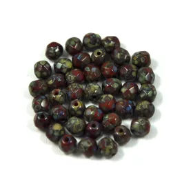  Czech Firepolished Round Glass Bead - picasso opaque red - 4mm