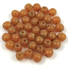  Czech Pressed Round Glass Bead - Crystal Travertin Orange Spotted - 4mm