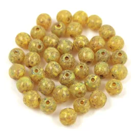   Czech Pressed Round Glass Bead - Crystal Travertin Beige Yellow Spotted - 4mm