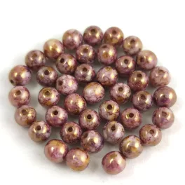   Czech Pressed Round Glass Bead - alabaster purple brown copper marble -4mm