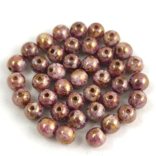Czech Pressed Round Glass Bead - alabaster purple brown copper marble -4mm