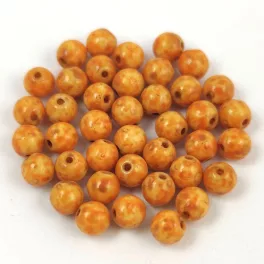   Czech Pressed Round Glass Bead - Alabaster Travertin Orange Spotted - 4mm