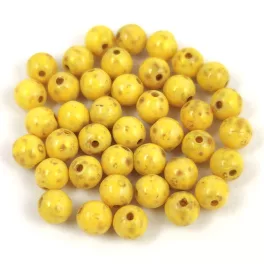   Czech Pressed Round Glass Bead - Alabaster Travertin Beige Yellow Spotted - 4mm