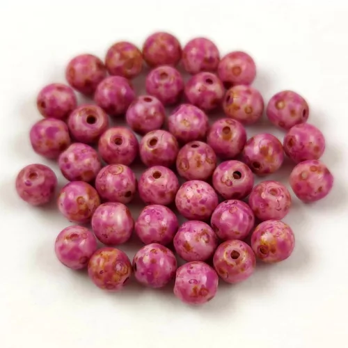 Czech Pressed Round Glass Bead - Alabaster Travertin Mauve Spotted - 4mm