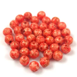   Czech Pressed Round Glass Bead - Alabaster Travertin Orange Spotted - 4mm