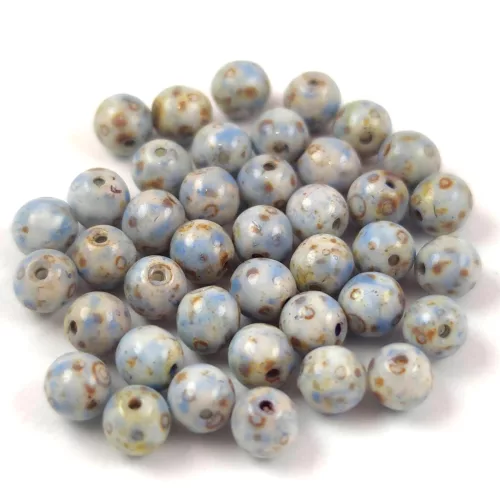 Czech Pressed Round Glass Bead - Alabaster Travertin Light Blue Spotted - 4mm