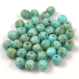   Czech Pressed Round Glass Bead - Alabaster Travertin Turquoise Blue Spotted - 4mm