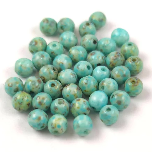 Czech Pressed Round Glass Bead - Alabaster Travertin Turquoise Blue Spotted - 4mm