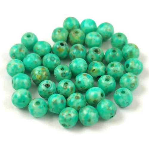 Czech Pressed Round Glass Bead - Alabaster Travertin Turquoise Green Spotted - 4mm