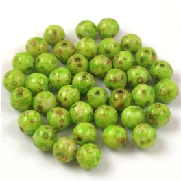  Czech Pressed Round Glass Bead - Alabaster Travertin Jade Green Spotted - 4mm