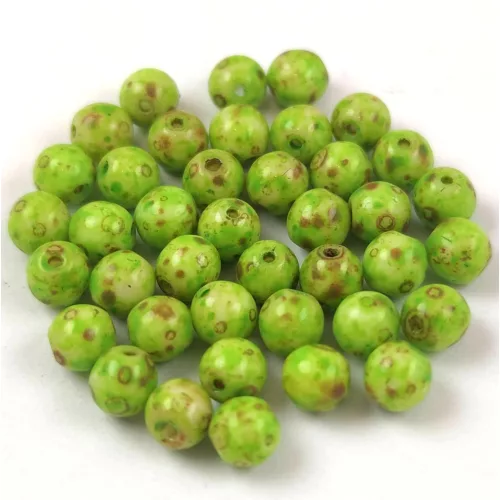 Czech Pressed Round Glass Bead - Alabaster Travertin Jade Green Spotted - 4mm
