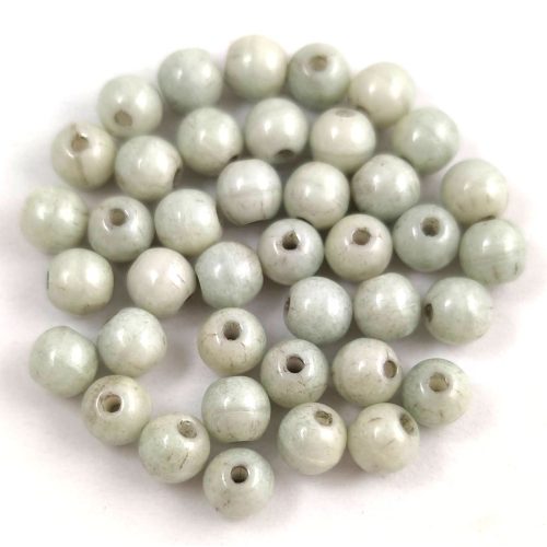 Czech Pressed Round Glass Bead - pearl - white-greengray marble -4mm