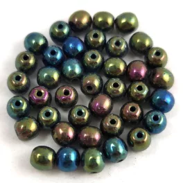 Czech Pressed Round Glass Bead - metallic green iris - 4mm