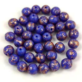 Czech Pressed Round Glass Bead - Cobalt Copper Splash - 4mm