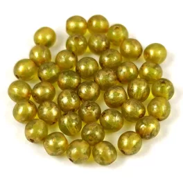 Czech Pressed Round Glass Bead - Olive Gold Splash - 4mm