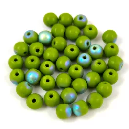 Czech Pressed Round Glass Bead - Opaque Olive AB - 4mm