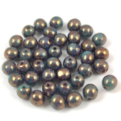 Czech Pressed Round Glass Bead - Turquoise Green Opal Blend Bronze - 4mm