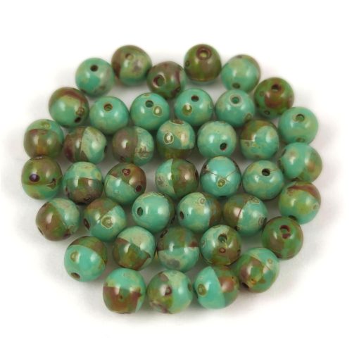 Czech Pressed Round Glass Bead - Turquoise Green Opal Blend Travertine - 4mm