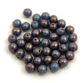   Czech Pressed Round Glass Bead - Turquoise Blue Rose Bronze Luster - 4mm