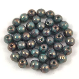  Czech Pressed Round Glass Bead - Green Turquoise Bronze  - 4mm