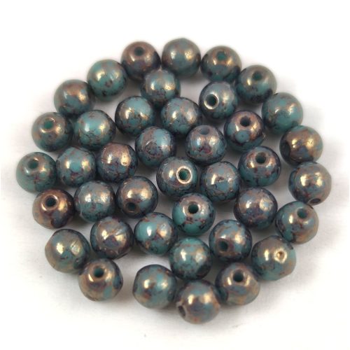 Czech Pressed Round Glass Bead - Green Turquoise Bronze  - 4mm