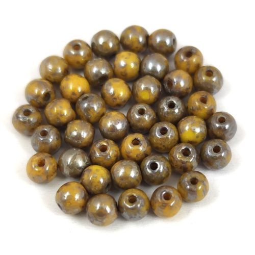 Czech Pressed Round Glass Bead - Opaque Yellow Picasso - 4mm