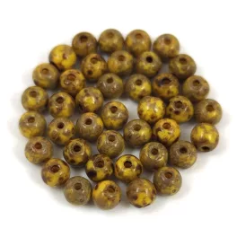   Czech Pressed Round Glass Bead - Opaque Yellow Travertin - 4mm