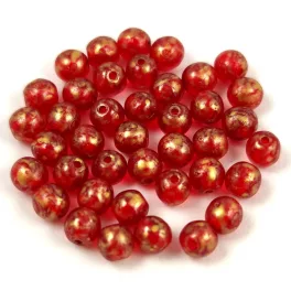 Czech Pressed Round Glass Bead - Light Siam Gold Splash- 4mm