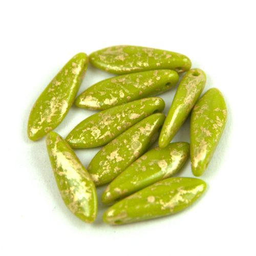 Lándzsa (szirom) cseh préselt üveggyöngy - Green Pea Gold Patina - 5x16mm