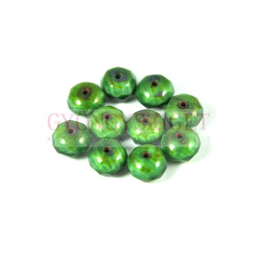 Doughnut - Czech Firepolished Faceted Bead - 6x9mm - palace green opal picasso