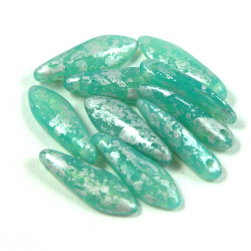 Dagger - Czech Glass Bead - Turquoise Green Opal Silver Patina - 5x16mm