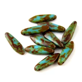   Dagger - Czech Glass Bead - Turquoise Blue Travertin - 5x16mm